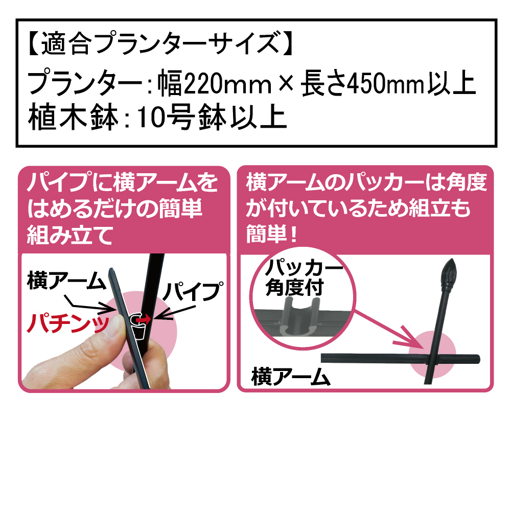 横アームのパッカーに、パイプをはめ込むだけで設置できます。